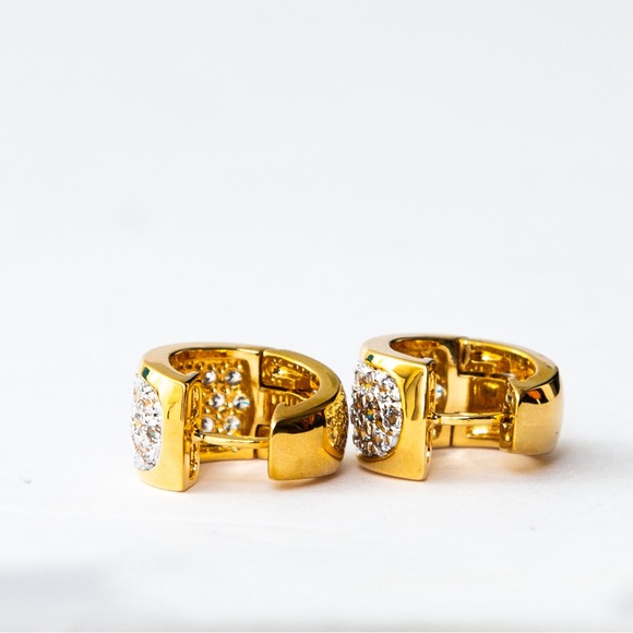 Quiet luxury huggie hoop gold tone earrings pave CZ minimalist by Brilliante - Picture 5 of 16